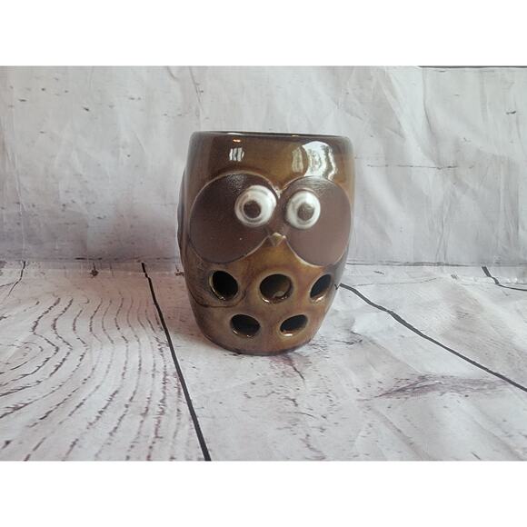 Vintage OMC Art Pottery Owl Cup Boho Planter Candle Pencil Brush Holder - Picture 1 of 7